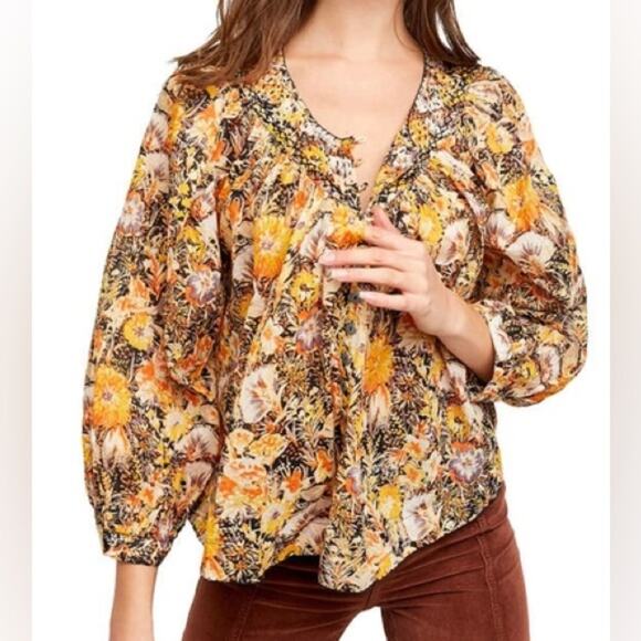 We The Free Cool Meadow Midnight Combo Long Balloon Sleeves Boho Slouchy Top L - Picture 9 of 9